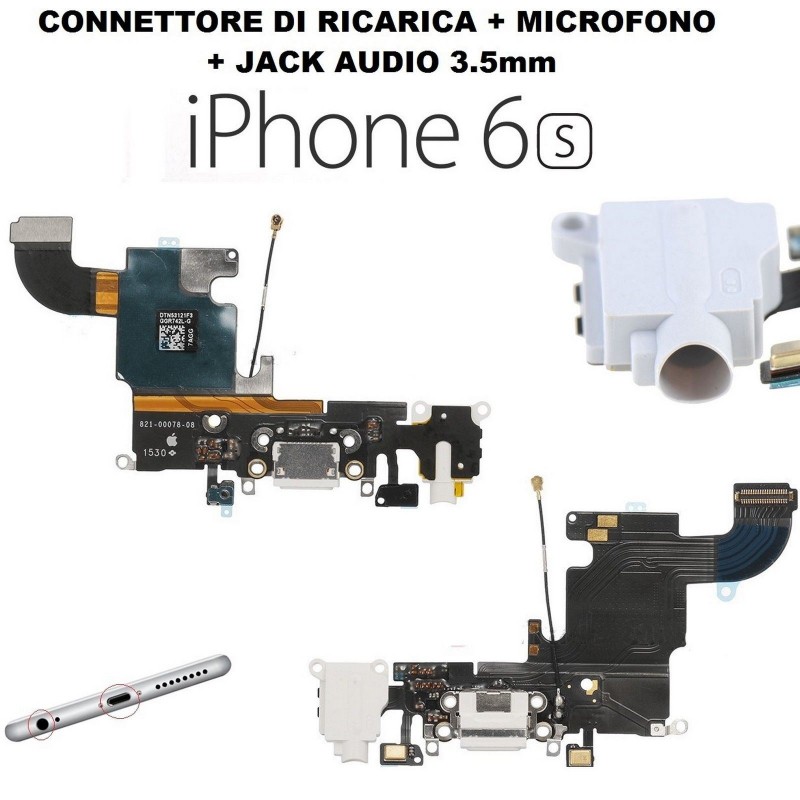 Flat connettore ricarica Apple iPhone 6S completo di microfono antenna jack audio Bianco Flat connettore ricarica Apple iPhone 6S completo di microfono antenna jack audio Bianco