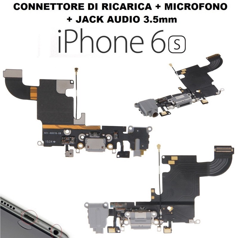 Flat connettore ricarica Apple iPhone 6S completo di microfono antenna jack audio nero Flat connettore ricarica Apple iPhone 6S completo di microfono antenna jack audio nero